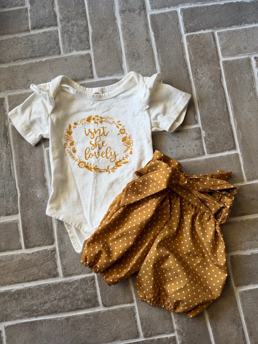 White Graphic Onesie & Mustard Polka Dot Shorts Set